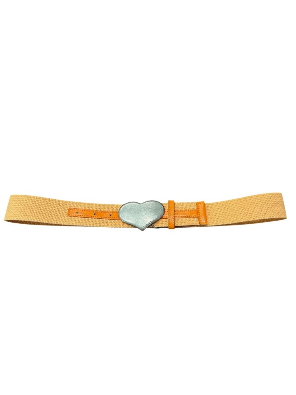 Tan 100% Cotton Medium Elastic Belt Heart Buckle Orange Leather Accents Vintage
